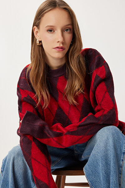 Lovelyİstanbul Baklava Desenli Tüylü Efektli Oversize Kazak LFN0129 MÜRDÜM KIRMIZI