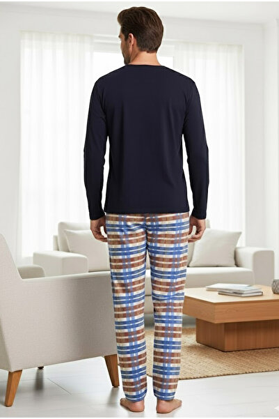 Siyah İnci Plaid Pattern Long Sleeve Cotton Knitted Pajamas Suit 7972