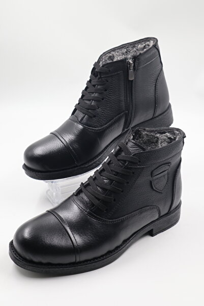 nazenintasarımlar Ανδρικές μπότες casual από γνήσιο δέρμα και γούνα σε μαύρο χρώμα