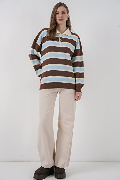 Bigdart Жіночий смугастий светр з поло-коміром 15952 - Синій