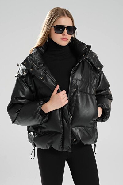 tw3 Women's Faux Leather Goose down Filled Hooded Design Coat