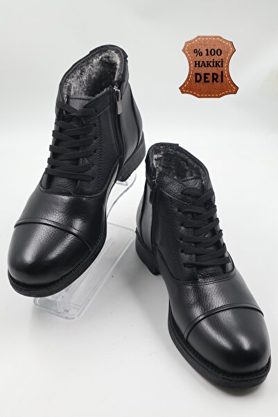 nazenintasarımlar Ανδρικές μπότες casual από γνήσιο δέρμα και γούνα σε μαύρο χρώμα