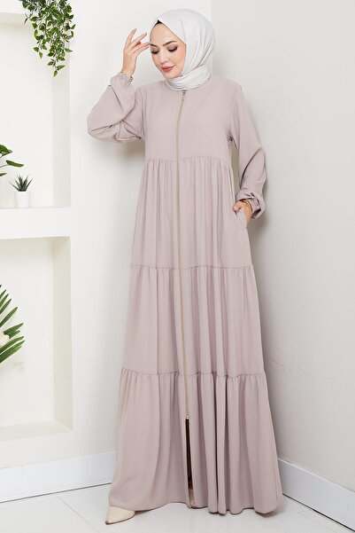 hafsamina Layered Gathered Ferace Beige Hm2735