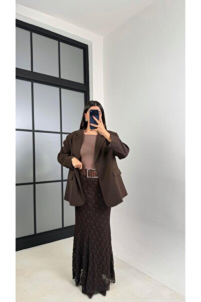 Gaus Fusta din dantelă maro intens, lungime maxi, complet căptușită GAUS-00714