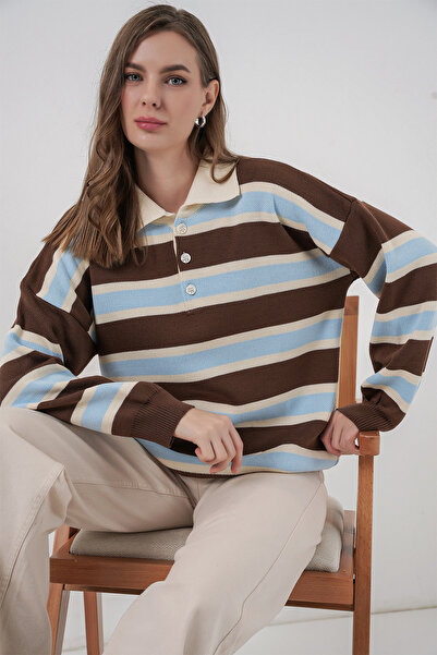 Bigdart Жіночий смугастий светр з поло-коміром 15952 - Синій