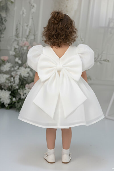 Bertuğ Bebek Kız Çocuk Bebek Gelinlik Abiye Beyaz Saten Karolin Elbise