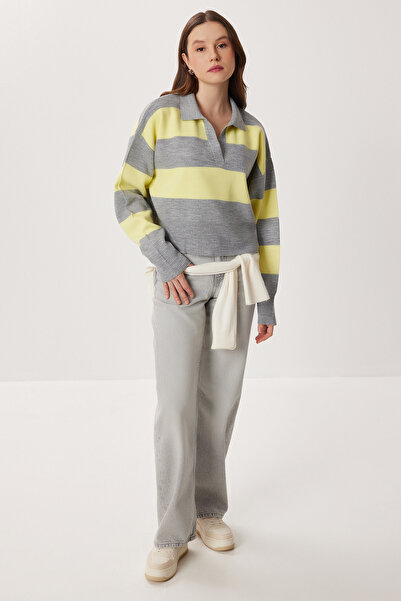 Lovelyİstanbul Polo Neck Striped Knitwear Sweater Lxa0010 Gray Yellow