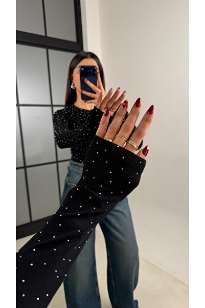 Perry Boutique Kadın Siyah Taş Detaylı Likralı Bluz