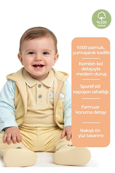 Ozmoz By Mukadder Özden Velvet Hooded Embroidered Winter Baby Boy Jacket