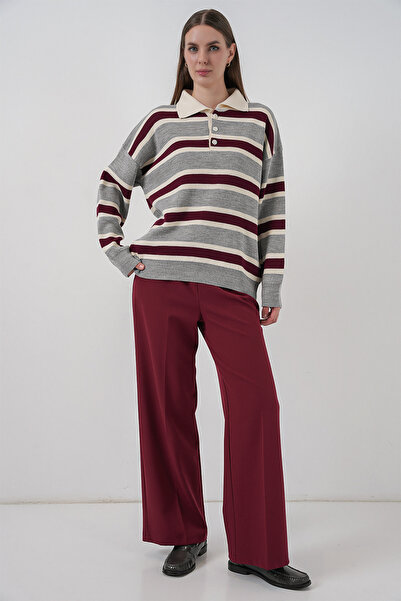 Bigdart Pulover tricotat cu guler polo cu dungi pentru femei 15952 - gri