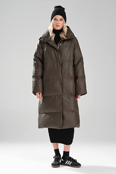 tw3 Women's Faux Leather Goose down Filled Design Long Coat