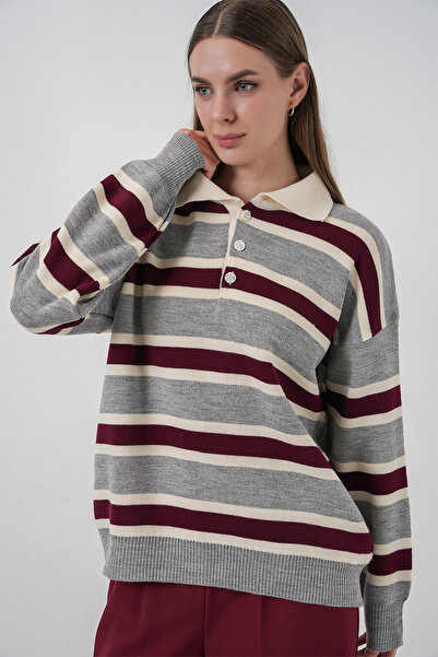 Bigdart Pulover tricotat cu guler polo cu dungi pentru femei 15952 - gri