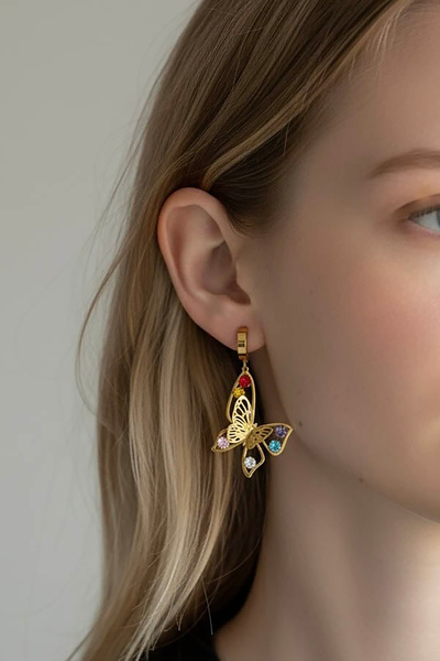 TAKIŞTIR Gold Color Butterfly Figured Steel Earrings (Pair)