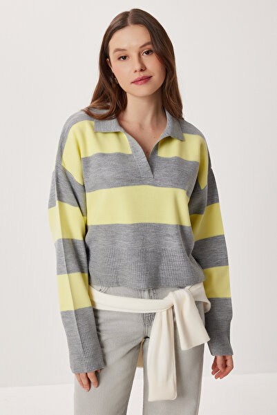 Lovelyİstanbul Polo Neck Striped Knitwear Sweater Lxa0010 Gray Yellow