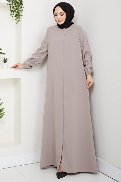 hafsamina Large Size Ferace Beige with Stone Sleeves Hm2801