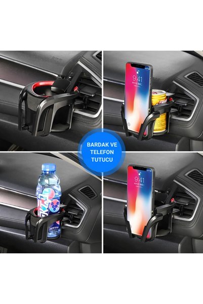 Polham Car Phone and Cup Holder – Prevents Shaking, Adjustable Structure, Air Vent Grid