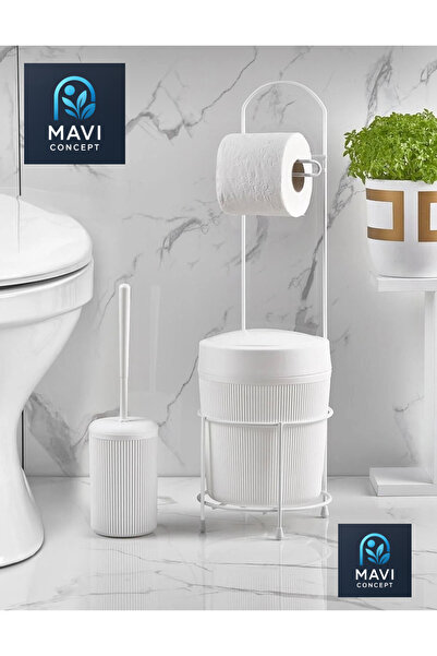 AbaTech Beyaz Çöp Kovalı Tuvalet Kağıtlığı ve Fırça Seti