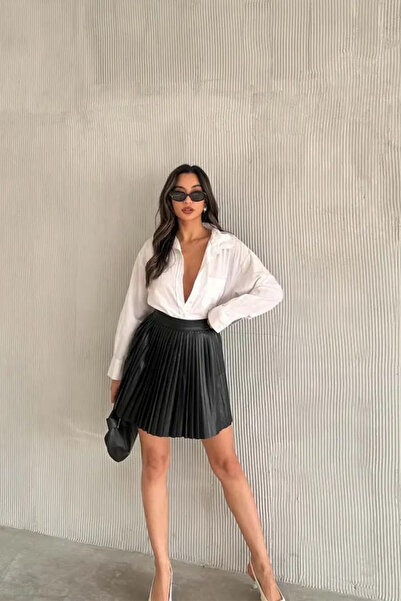 MILANOFOX Women's Soft Leather Side Zipper Pleated Skirt