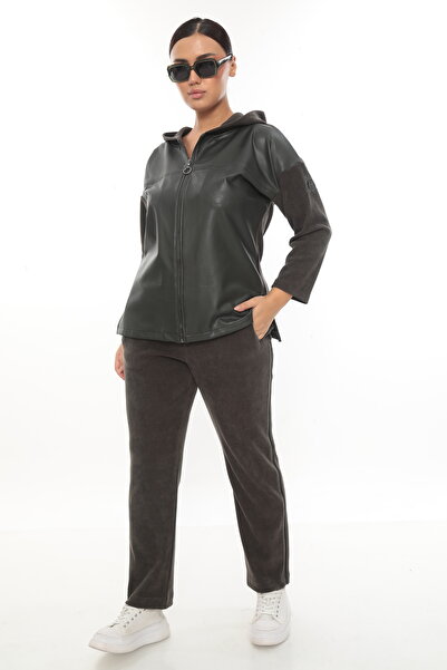 EXİTLİNE Women's Winter Embroidered Stone Leather Paneled Zippered Hooded Khaki Tracksuit Set