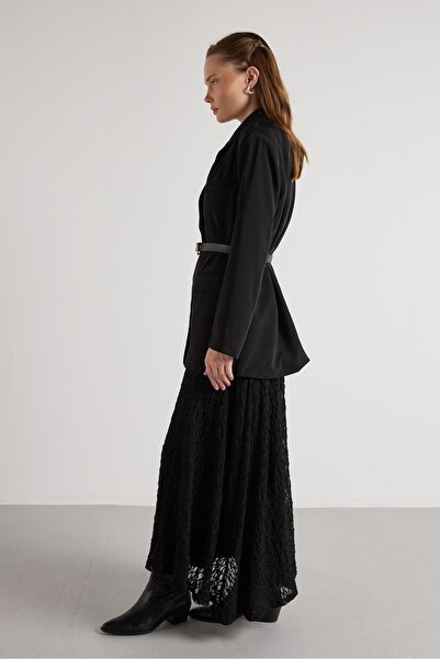 minaaise Women's Black Lined Long Lace Skirt 30052