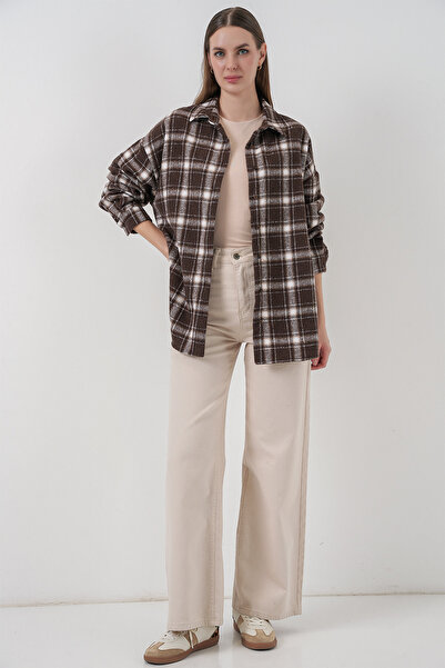 Bigdart Cămașă pentru femei cu model în carouri supradimensionat 3854 C. Maro