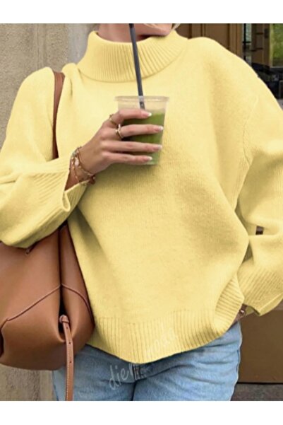 Dier Moda Women's Butter Yellow Turtleneck Oversized Knitwear Sweater, Knitwear Sweater Fmoda1969