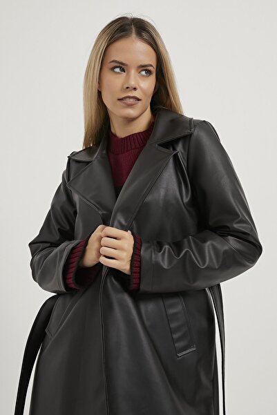 Modasultan Women's Belted Double Pocket Midi Length Modern Faux Leather Trench Coat