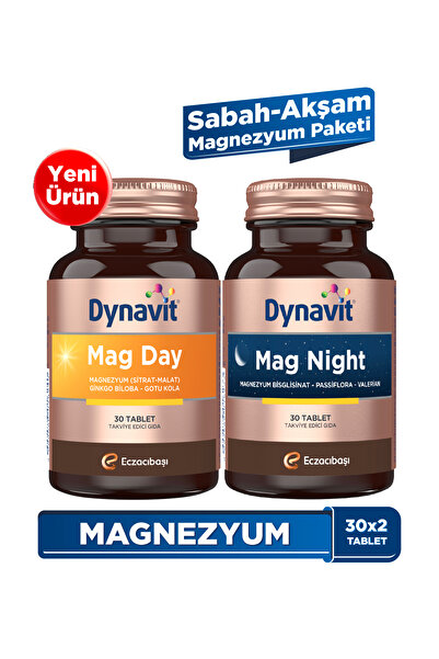Dynavit Mag Day & Mag Night 30 Tablet x2 – Sabah & Akşam Magnezyum Paketi – Gece / Gündüz Magnezyumu