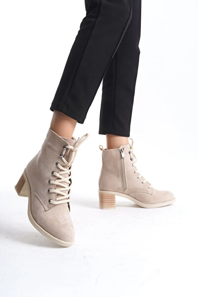 Joy Ayakkabı Lena Lace-Up Zippered Orthopedic Sole Heeled Suede Women's Boots - Tan