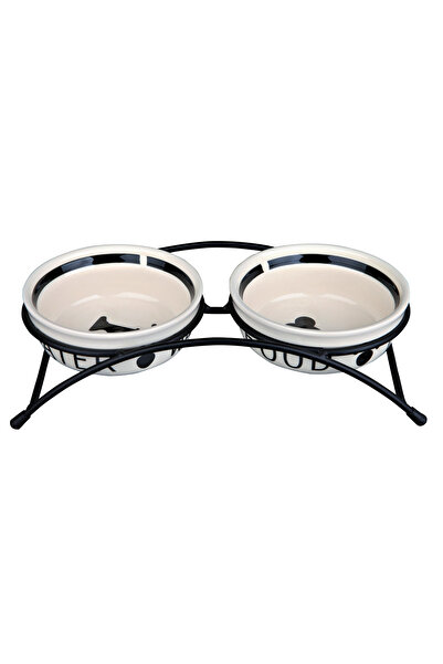 Trixie Set de 2 boluri ceramice cu suport metalic, 2x0,25 L, alb/negru