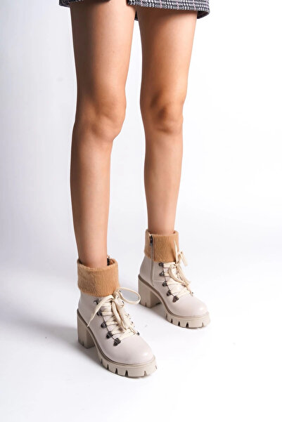 Joy Ayakkabı EMMA Lace Up Ορθοπεδική Σόλα με φερμουάρ με τακούνι Γούνα Λεπτομ...