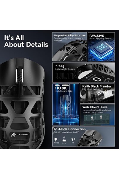 Attack Shark R3 Wireless Gaming Mouse, Tri-mode BT/2.4G/Wired, PAW3395, 26K DPI (Black)