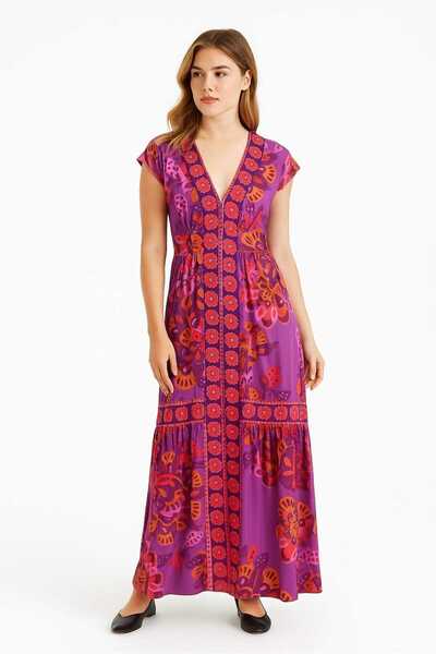 Şans Women's Plus Size Colorful, Back Elastic Detail, Patterned Dress 65N39235