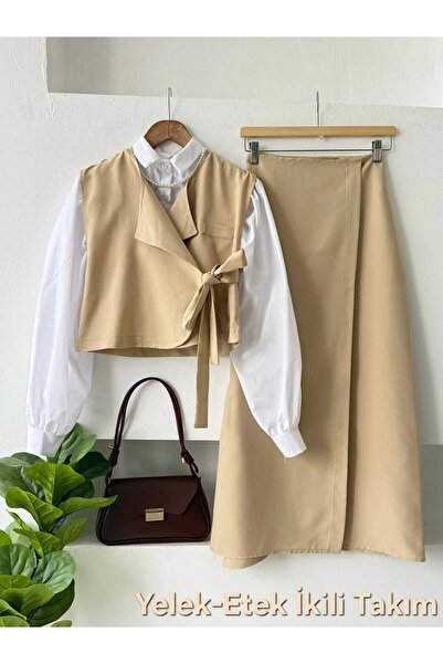 ENDAMIM Linen Vest Skirt Suit