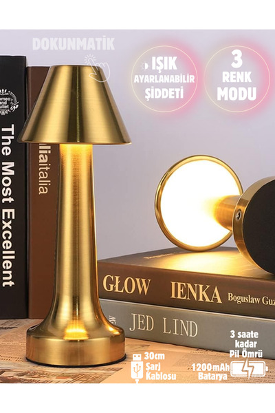 Folveit Işık Ayarlı Dokunmatik Mantar Masa Lambası Metal 3 Işık Renkli Şarjlı...