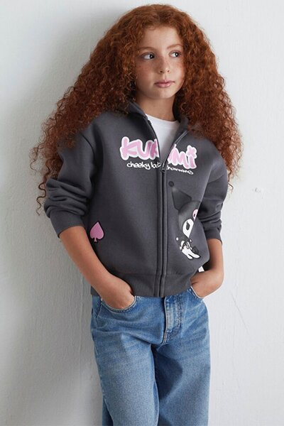 Mavi Kız Çocuk Kuromı Baskılı Fermuarlı Sweat