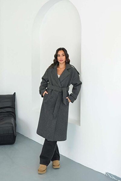 My Loore Kadın Antrasit Bağlama Detaylı Astarlı Salaş Kaşe Kaban MLB096