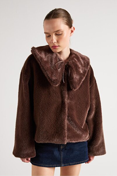 minaaise Palton de blană cu guler mobil maro pentru femei 30082