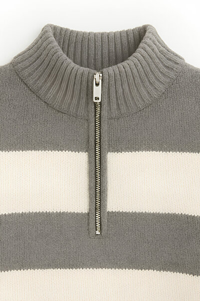 WKM Regular Fit Men's Mock Neck Half Zipper Striped Knitwear Sweater
