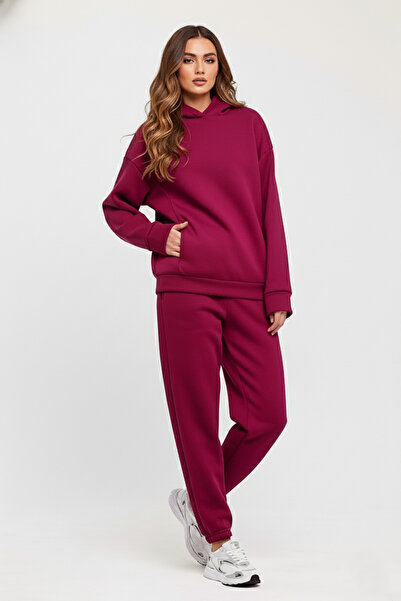 ESPİNA Γυναικείο Σετ Φόρμας oversized τεμαχίων με επένδυση fleece τσέπες-Βισένι