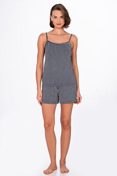 Kompedan Kadın Lacivert Çizgili İp Askılı Şortlu Pijama Takımı
