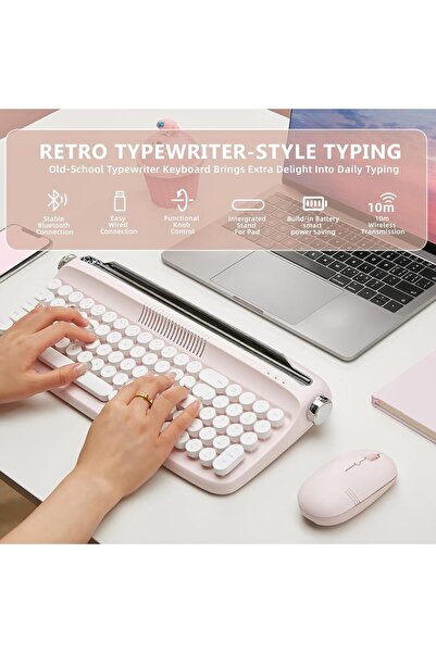 YUNZII Updated Wireless Typewriter Vintage Keyboard with Built-in Holder (Baby Pink, B309)