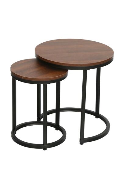 Danube Home Asgard Set of 2 Round Nesting Tables – Walnut & Black Elegant Living Room Tables