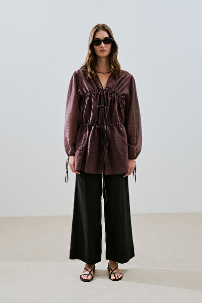 Manuka Gathered Tie-Up Blouse Burgundy