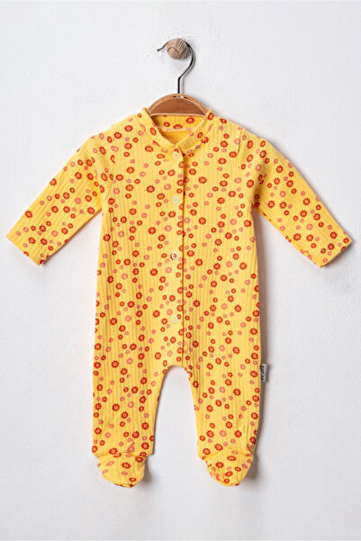 Noone Yellow Daisy Patterned Baby Romper - Long Sleeve Footed Soft Combed Cotton Fabric