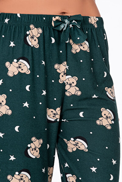 Kompedan Kadın Süet Ayıcık Desenli Pijama Tek Alt – Yeşil