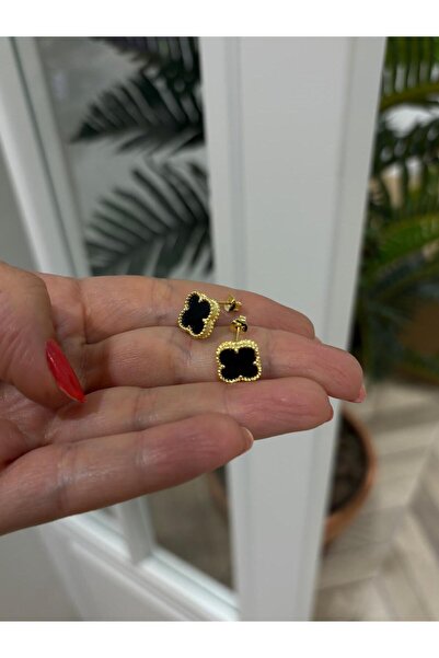 bestmysilver Kadın Gümüş Siyah Mineli Yonca Küpe