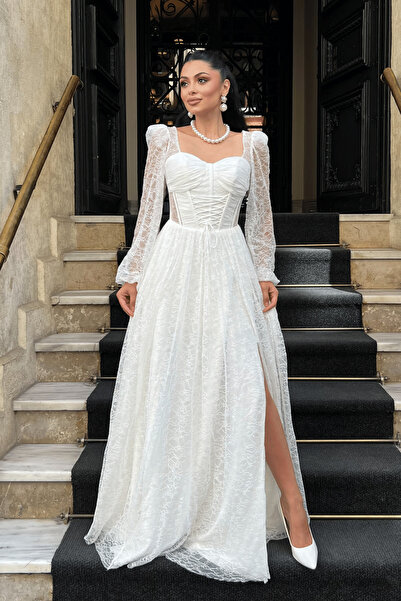 giyimmasalı فستان سهرة بتفاصيل من الدانتيل - أبيض