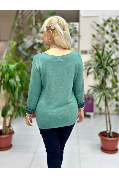 Punta Otantik Nc1202 Leopard Inside Round Neck Knitwear Small Fit Blouse Bitter Green