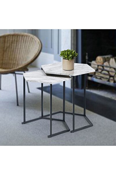 Danube Home مجموعة طاولات روبن نيست (2) - طقم طاولة جانبية مزخرفة من الرخام الأبيض والمعادن السوداء